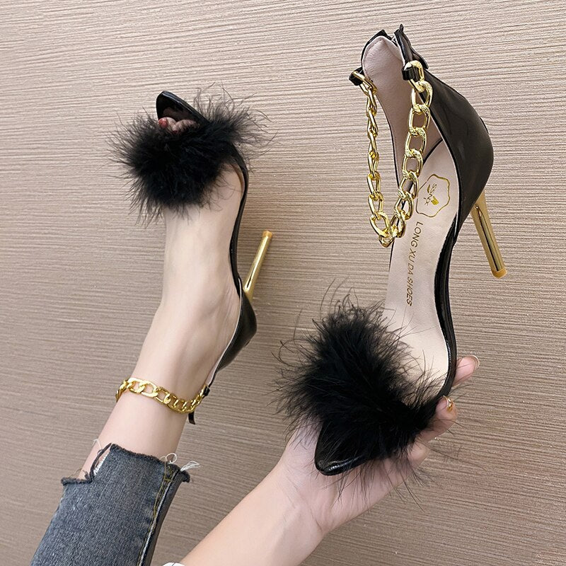 lovevop Plus Size 43   Pointed Toe Feather High Heel Sandals Decoration Metal Chain Stiletto Nightclub Women Shoes Open Toe Shoes