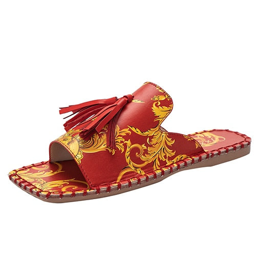 Back to school lovevop  Women Home Summer Slippers Woman Retro Mules Tassel Totem Square Toe Slides Ladies Casual Flats Female Comfortable Plus Size