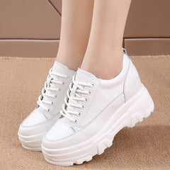 lovevop  8Cm Leather Microfiber Women Casual Shoes Platform Wedge Hidden Heel Summer Shoes Platform Chunky Sneakeers Fashion White