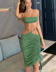 lovevop   Knitted   Outfits For Women  Summer Beach Skirt Set Halter Bandage Ruched Crop Top Glitter Dress Party Night Club Wear