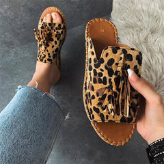 Back to school outfit  lovevop Summer Female Flat Slippers New Sewing Open Toe Footwear Women's Fashion Tassel Comfortable Shoes Ladies Leopard Plus Size