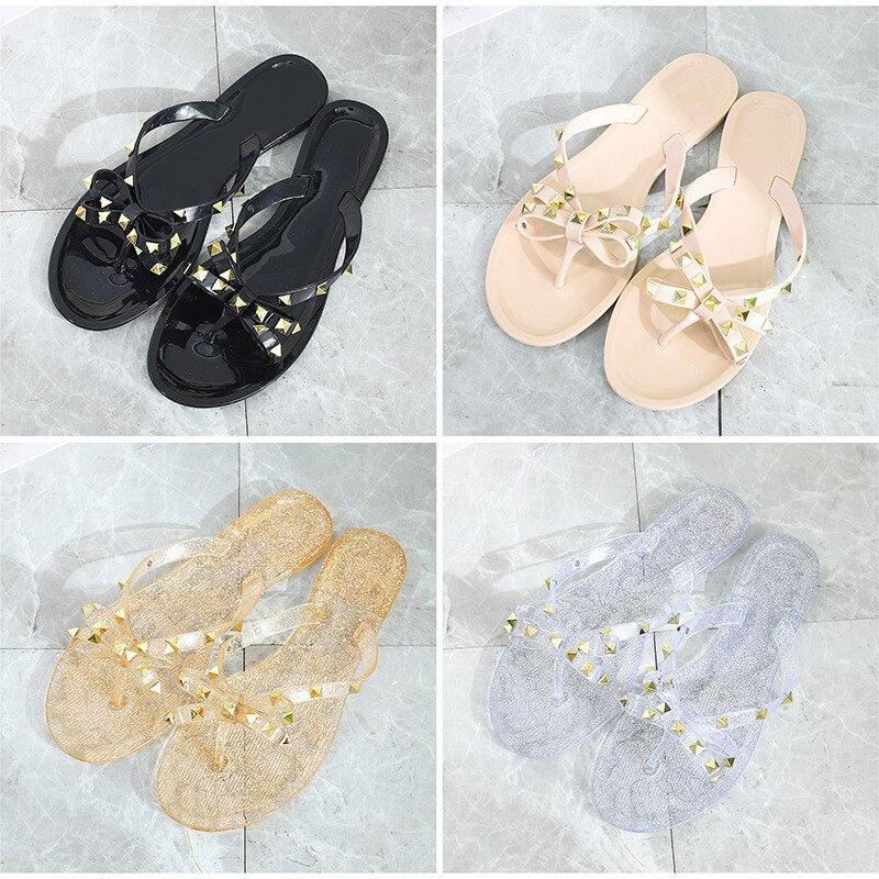 Back To School lovevop   Fashion Slipper Women's Flip Flops Summer Shoes Beach Rivet Big Bow Flat Sandals Jelly Shoes Sandals Girls Hot Sale