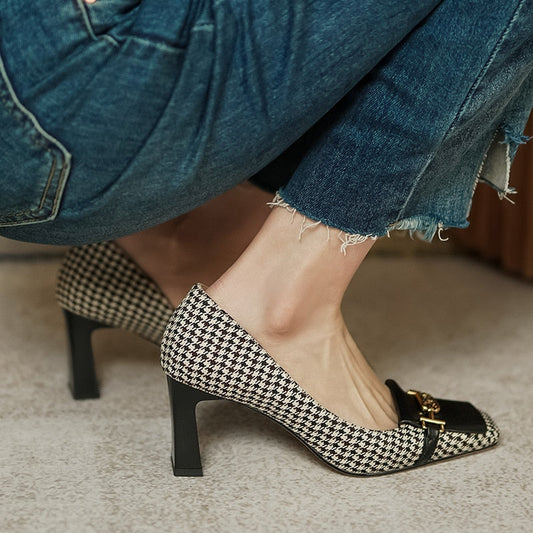 lovevop Retro Fashion Women's Shoes Thousand Bird Lattice Soft Leather Ladies Pumps Spring Square Toes Chunky Heels Female Shoes