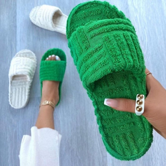 lovevop  Women's Open-Toe Platform Shoes Green Corduroy Flat Slippers Outdoor Women's Sandals Summer Flip Flops Женские Тапочки