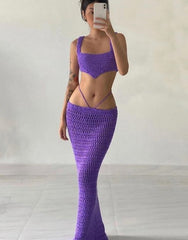 lovevop Purple Knitted 2 Piece Summer Set Women   Crochet Vacation Beach Outfits Hollow Out Bandage Long Skirt And Cropped Set