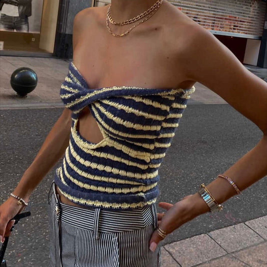 lovevop     Strapless Crop Top Women Fashion Knitted Summer Top Y2K Hollow Out Backless Striped Tube Top Casual Tanks Camis Club Wear