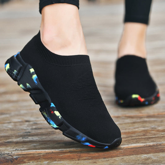lovevop  Mesh Women Sneakers Breathable Women Flat Shoes Lightweight Casual Shoes Ladies Lace-Up Black Couple Color Socks Shoes