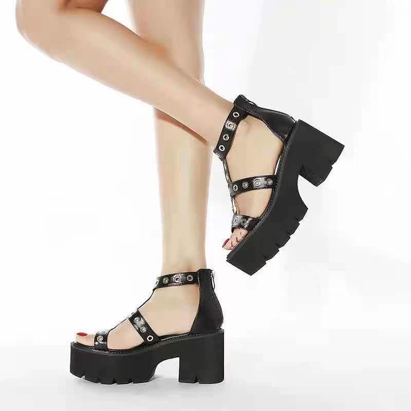 lovevop  Summer Women Platform Sandals Metal Ring Cutout High Heels Punk Goth Platform Shoes Ladies Heel Sandalias Sandales Femmes Été