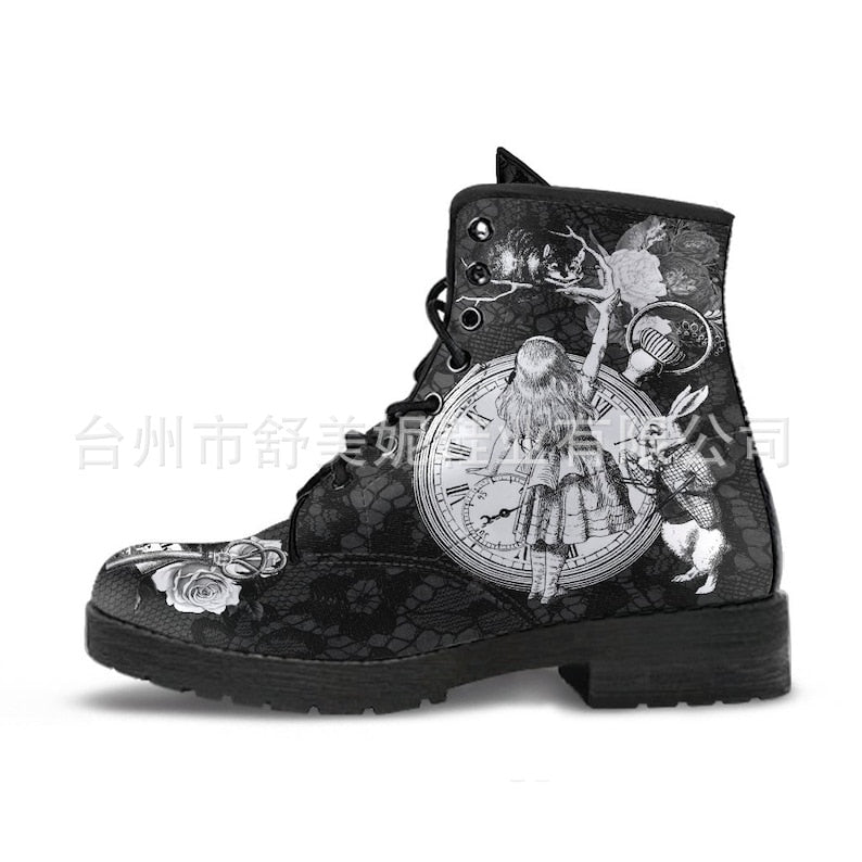 lovevop Skull Flower Print High-Top Boots Women Boot Autumn Winter Fashion Women Tooling Ankle Boots Women Boots Women Botas Mujer