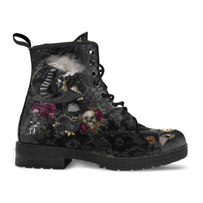 lovevop Skull Flower Print High-Top Boots Women Boot Autumn Winter Fashion Women Tooling Ankle Boots Women Boots Women Botas Mujer