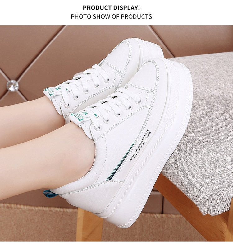 lovevop  8Cm Leather Microfiber Women Casual Shoes Platform Wedge Hidden Heel Summer Shoes Platform Chunky Sneakeers Fashion White