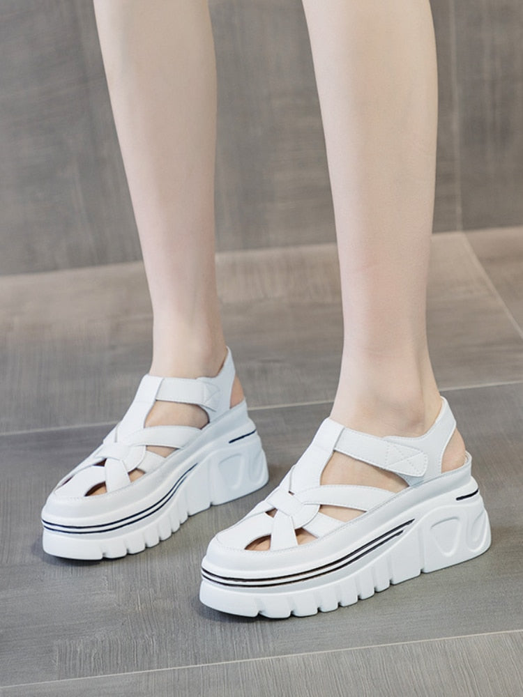 lovevop  6Cm Genuine Leather Women Platform Sandals Wedge Slides Hook Look Women Summer Shoes Slides Slippers Elegant White Shoes