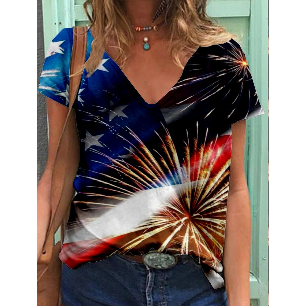 Fashion USA American Flag 3D Printed T Shirts Women Harajuku T-Shirt Woman Clothing Oversize V-Neck Streetwear Casual Y2K Tops
