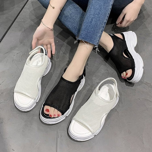 lovevop  Hollow Women Sports Sandals Platform Wedges Heels Knit Woman Shoes Fish Mouth Thick Bottoms Summer Ladies Rome Shoes
