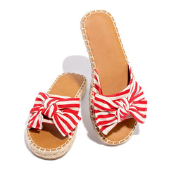 Back to school lovevop  Women's Bow Slippers  Summer Ladies Sandals Flat Woman Stripe Open Toe Slides Female Beach Shoes Women Slip On Footwear