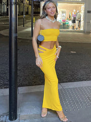 lovevop     Two Piece Set Women Summer Outfits Tube Crop Top And Maxi Skirt Set Elegant Cut Out Bodycon Long Dress Sets Black Yellow