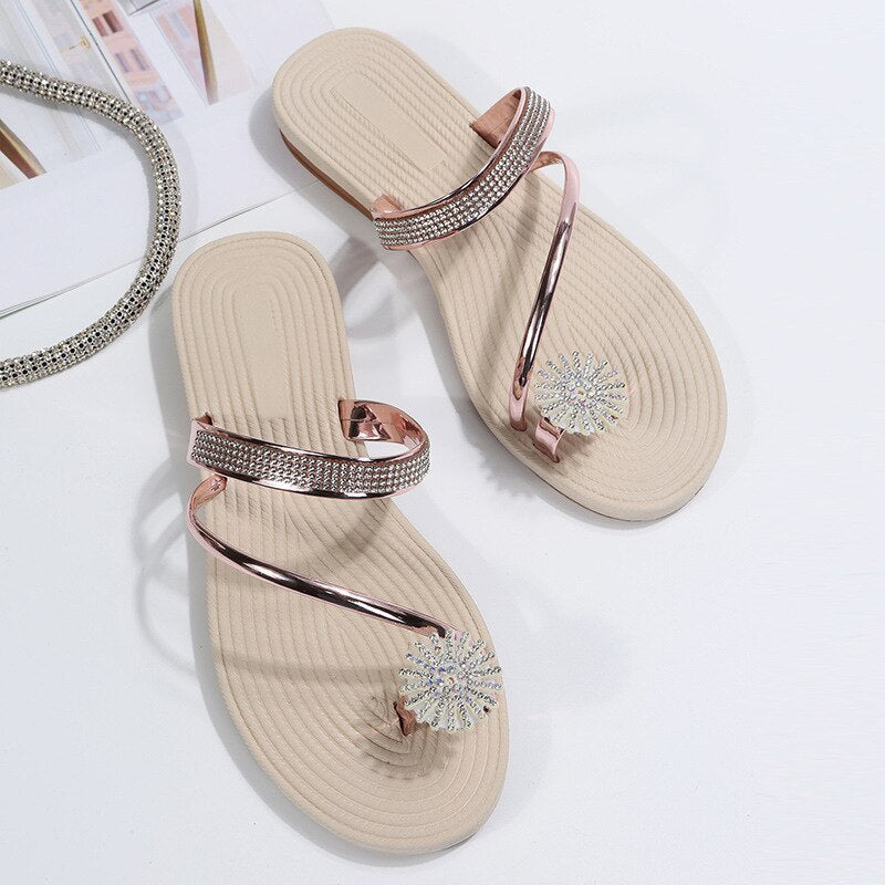 Back to school outfit lovevop  Women Beach Sandals Fashion Peep Toe Silver High Quality Anti Skid Lady Casual Golden Crystal Summer Home Flat Bottom Sandals