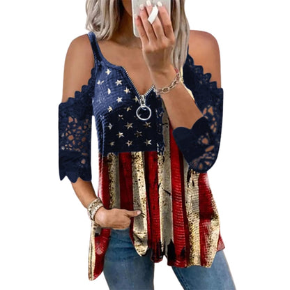 Women American Flag Blouse Star Striped Lace Cold Shoulder Shirts Short Sleeve Zipper 4th of July Independence Day Graphic Tee