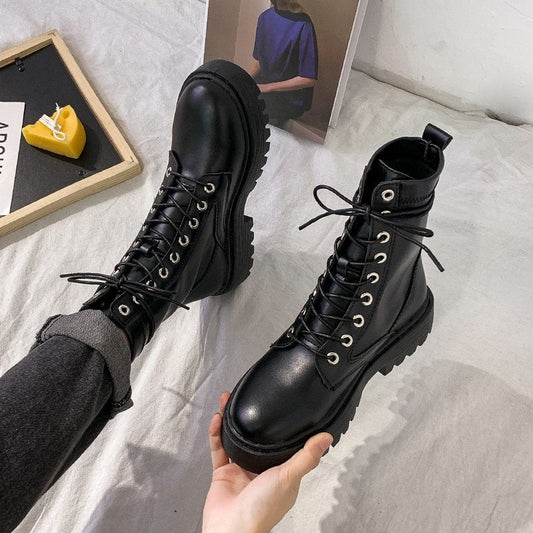 lovevop New Mid Calf Boots Women Autumn Winter Fashion Lace-Up Zipper Botas Mujer Boots Sports Platform Heel Ladies Shoes  Flat