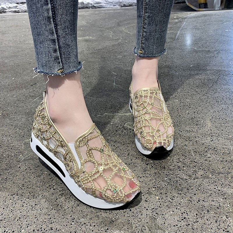 Back to school outfit lovevop Woman Casual Shoes Women Hollow Floral Breathable Mesh Lace Shallow Shoes Ladies Platform Thick Heel Sole Shoes Size 35-40