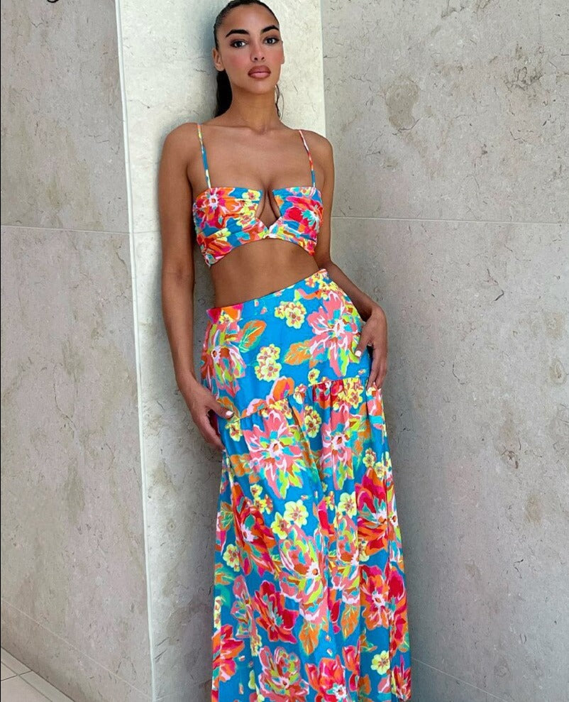 lovevop Back to college  Colorful Flower Print Sleeveless Slip Crop Top Folds Skirts 2 Pieces Set Summer Women   Clothes Beach Festival Y2K