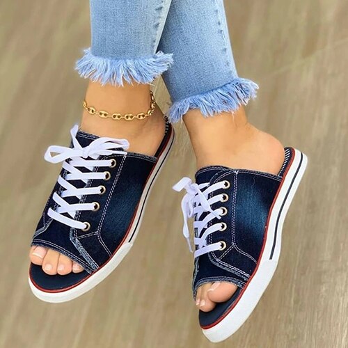 Back to school lovevop  Ladies Peep Toe Flat Slipper  Women Canvas Woman Lace Up New Women's Casual Female Fashion Denim Beach Shoes Plus Size 35-43