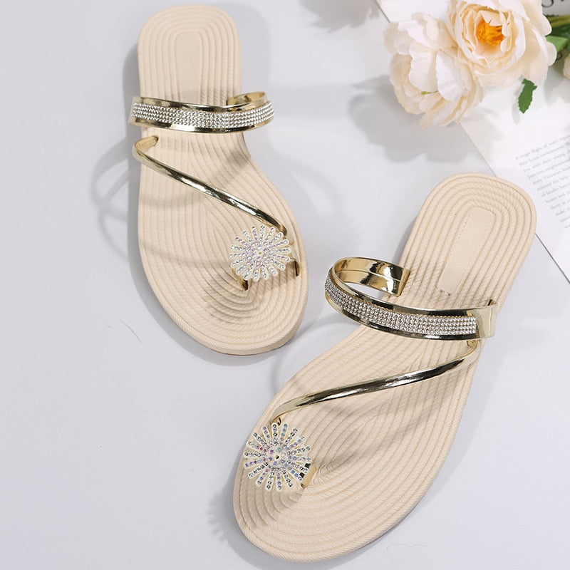 Back to school outfit lovevop  Women Beach Sandals Fashion Peep Toe Silver High Quality Anti Skid Lady Casual Golden Crystal Summer Home Flat Bottom Sandals