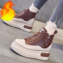 lovevop  High Top Women Shoes Genuine Pleather 8Cm Platform Wedge Hidden Heel Zipper Spring Autumn Warm Fur Winter Shooes Sneakers