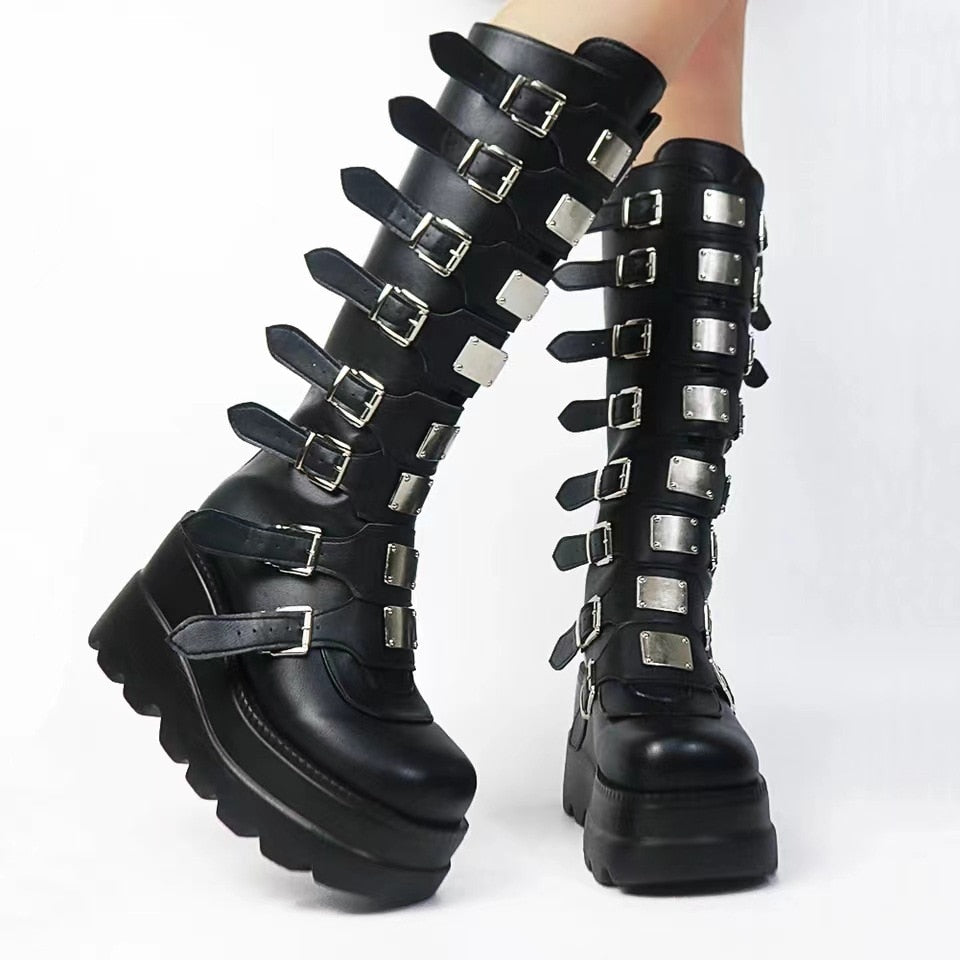 lovevop  Women's Black Long Thigh High Boots Fall Metal Buckle Punk Gothic 11Cm Platform Boot Woman Wedges High Boots Botas Femininas