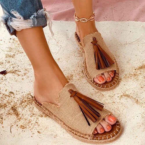 Back to school outfit  lovevop Summer Female Flat Slippers New Sewing Open Toe Footwear Women's Fashion Tassel Comfortable Shoes Ladies Leopard Plus Size