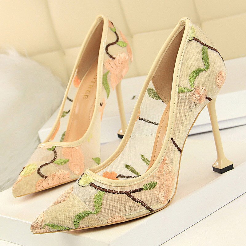 lovevop  Summer Fashion High Heels Women's Floral Embroidered Lace   Party Stiletto High Heels Mesh Women's Shoes