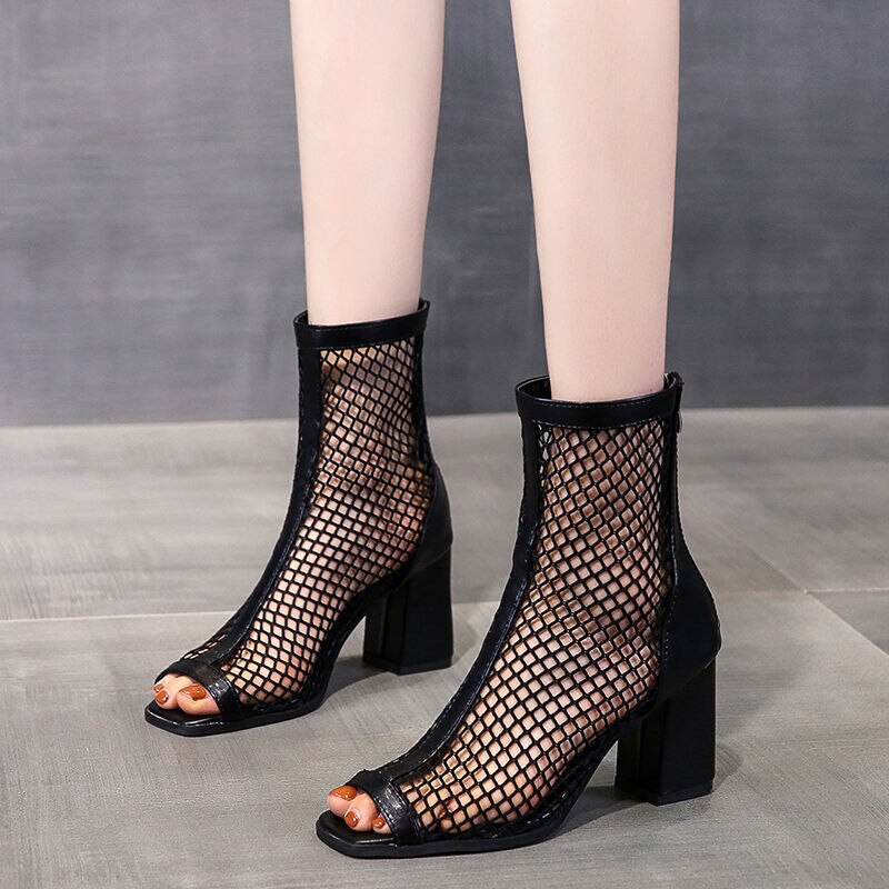 lovevop  New Summer New Fish Mouth Short Tube High Heel Hollow Female Breathable Martin Boots Thick Heel Sandals