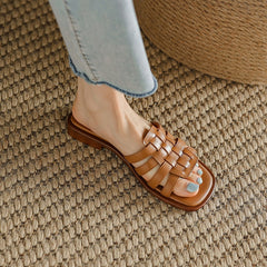 lovevop New Summer Women Slippers Square Toe Braided Flat Bottom Females Sandals Fashion Leisure Solid Breathable Non-slip Ladies Shoes