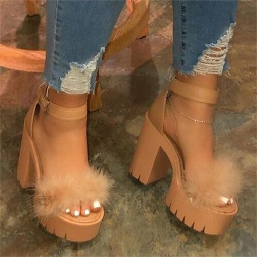 Back to school outfit lovevop  Woman Platform Fur Sandals Ladies INS Plush High Heels Female PU Leather Non Slip Shoe Women Open Toe Women's Footwear Plus Size