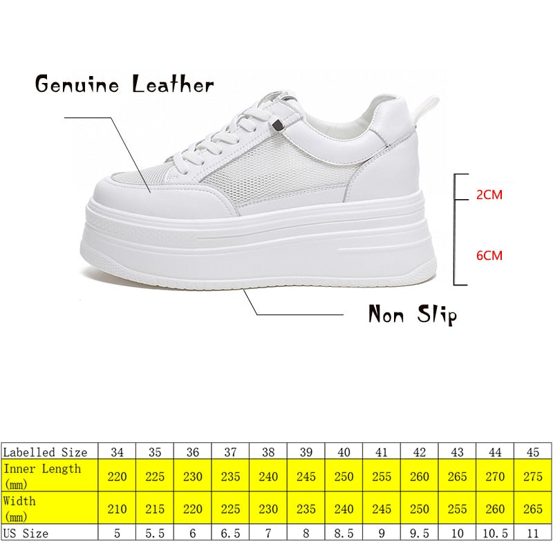 lovevop  8Cm Genuine Leather Women Casual Shoes Chunky Sneakers Platform Wedge Hidden Heel Women Leisure Shoes Spring Autumn White