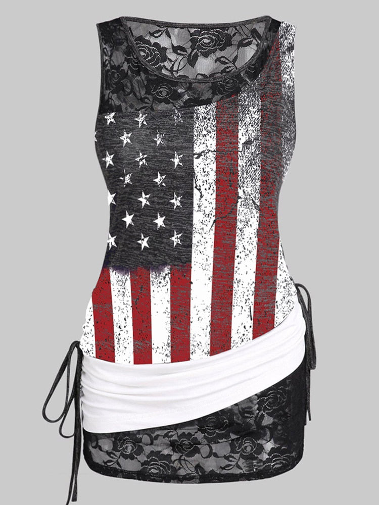 Women's American Flag Lace Trim Splicing Tank Top Side Drawstring   Sleeveless Shirt Patriotic US Flag Hollow Out