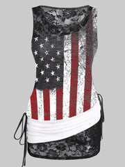 Women's American Flag Lace Trim Splicing Tank Top Side Drawstring   Sleeveless Shirt Patriotic US Flag Hollow Out