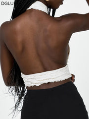 Aomzae Cross Halter Crop Top Women Sleeveless Backless Cami Top Hollow Out   Bralette Tops For Women Summer