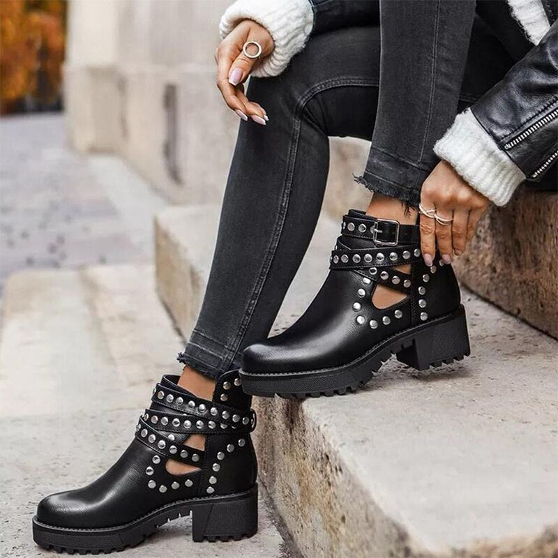 lovevop  Women Gothic Ankle Boots Woman Rivet Platform Mid Heels Women's Punk Cool Pumps Ladies Footwear Chunky Female Shoes Big Size