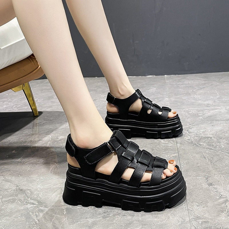 lovevop  8Cm Women Summer Shoes Open Toe Platform Wedge Sandals Hook Loop Women Casual Shoes Beach Sandálias Das Mulheres