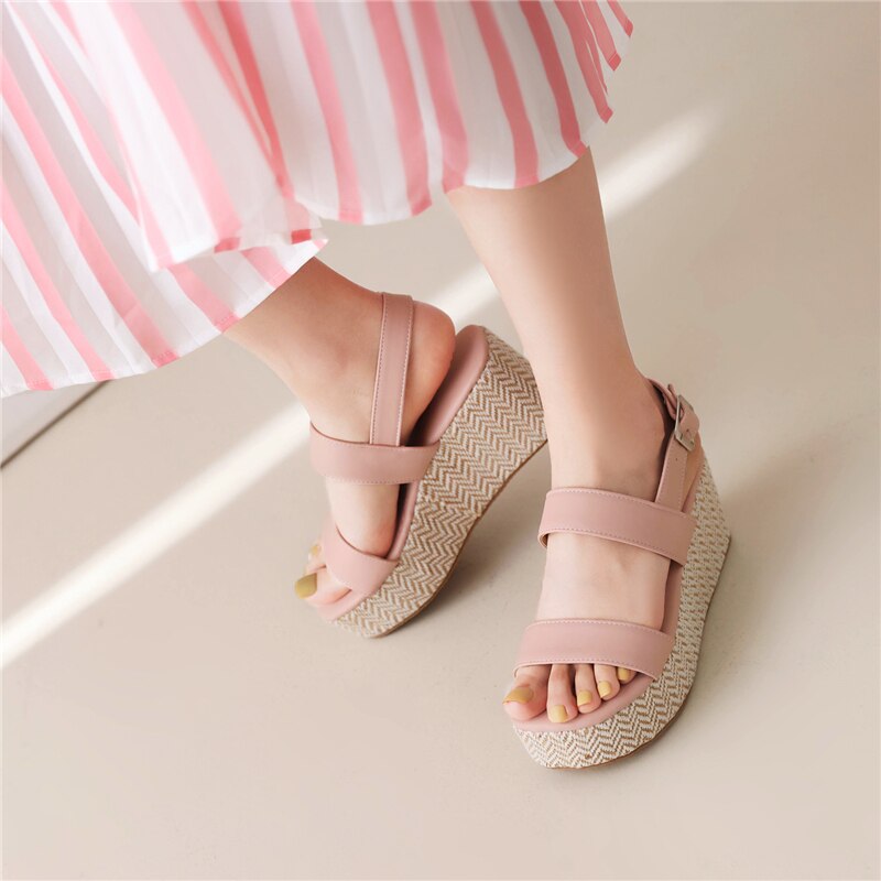 lovevop Plus Size 43 Platform Shoes Women  Summer New Fashion Concise Casual Solid Pu Leather 4Cm Wedges Buckle Strap Sandas White