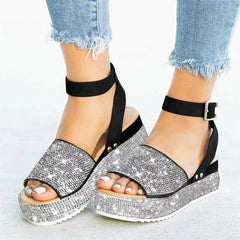 lovevop  Women Crystal Platform Sandal  Woman Bling Buckle Metal Shoes Summer Female Wedges Ladies Beach Footwear Slides Plus Size 43