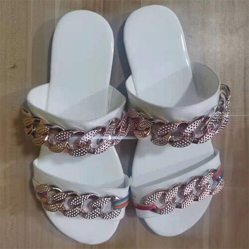 lovevop  Women Metal Chain Slippers  Summer Woman Casual Slides Women's Fashion New Crystal Flats Female Footwear Plus Size 36-43