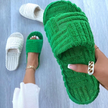 lovevop  Women's Open-Toe Platform Shoes Green Corduroy Flat Slippers Outdoor Women's Sandals Summer Flip Flops Женские Тапочки