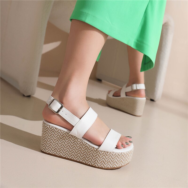 lovevop Plus Size 43 Platform Shoes Women  Summer New Fashion Concise Casual Solid Pu Leather 4Cm Wedges Buckle Strap Sandas White