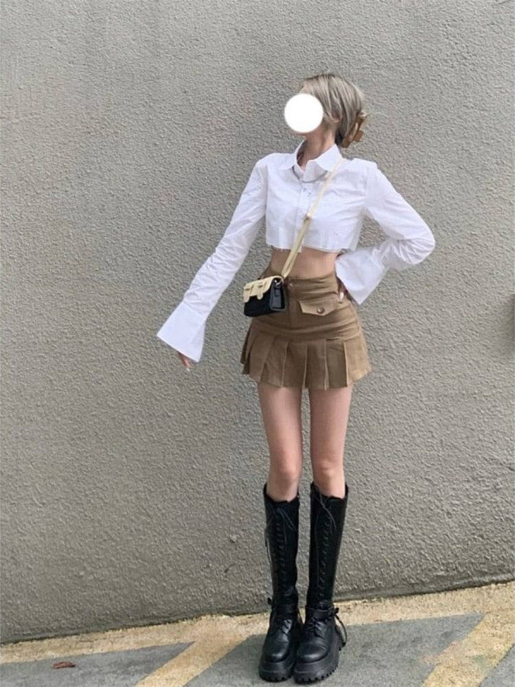 lovevop Back to college Pleated Micro Skirt Women Korean Fashion Casaul Button Pocket Patchwork High Waist A-Line   Mini Skirt Streetwear