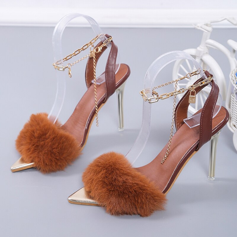 lovevop Plus Size 43   Pointed Toe Feather High Heel Sandals Decoration Metal Chain Stiletto Nightclub Women Shoes Open Toe Shoes