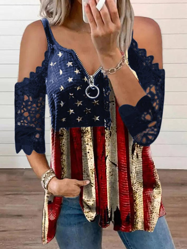 Women American Flag Blouse Star Striped Lace Cold Shoulder Shirts Short Sleeve Zipper 4th of July Independence Day Graphic Tee
