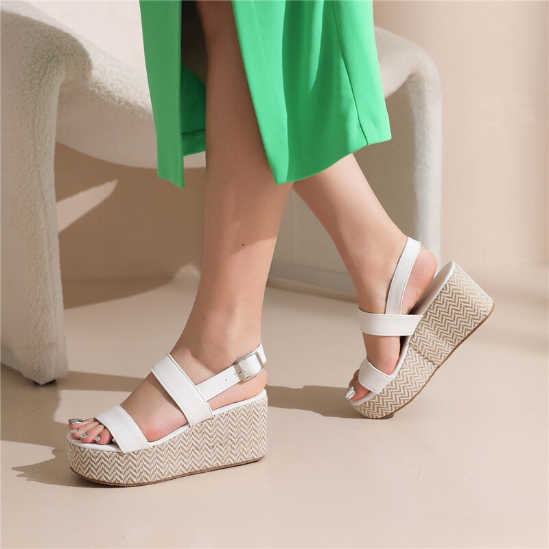 lovevop Plus Size 43 Platform Shoes Women  Summer New Fashion Concise Casual Solid Pu Leather 4Cm Wedges Buckle Strap Sandas White