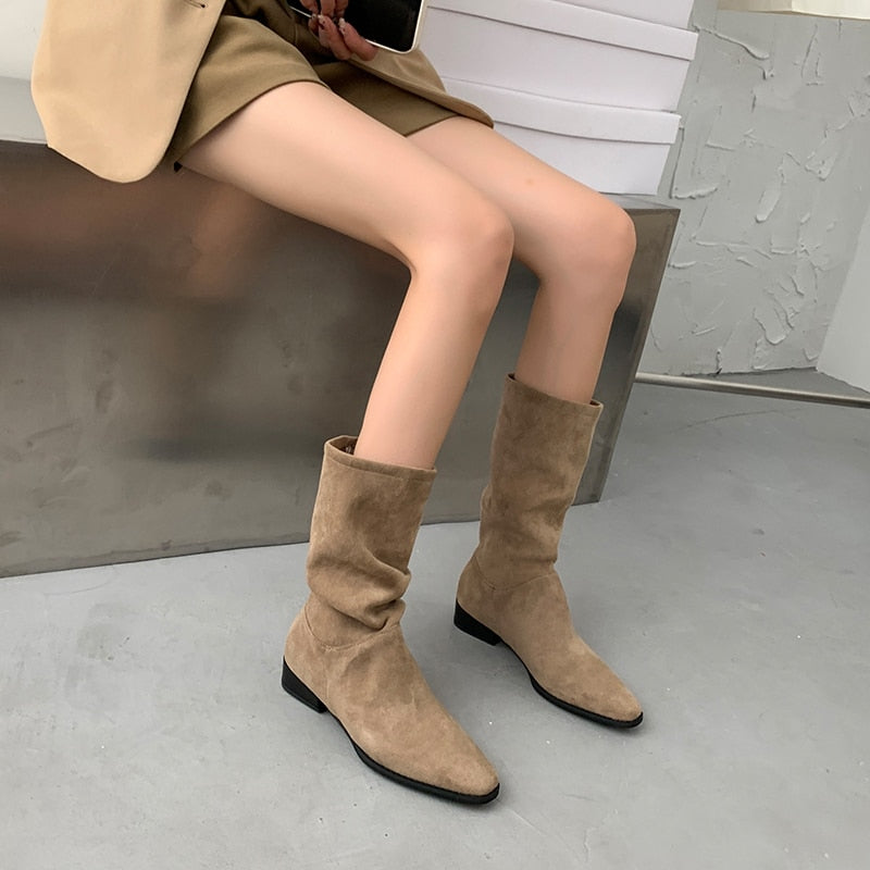 Christmas Gift Women's European And American Thick-Heeled Mid-Tube Retro Suede Matte  Fashion All-Match Sleeves Pleated Pile Boots